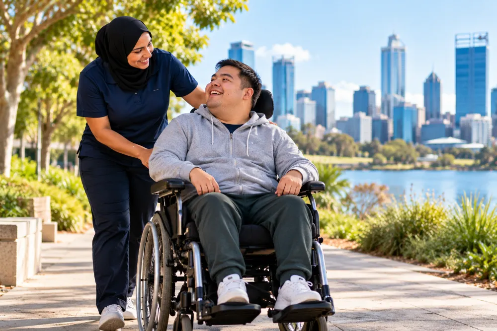 A support worker in a hijab walking with a smiling man in a wheelchair by the river