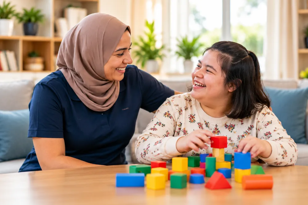 A support worker in a hijab playing with building blocks with a smiling young woman