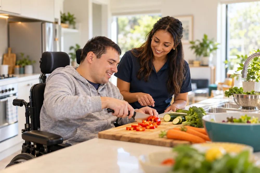 A support worker helping a man in a wheelchair prepare vegetables in the kitchen