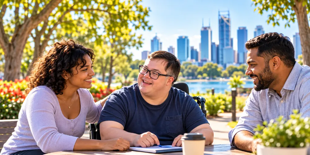 A participant in a wheelchair planning support with two people at an outdoor table