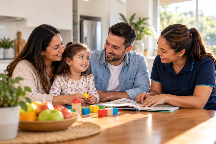 A support worker reading with a family and their young daughter at the kitchen table