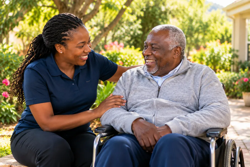 A support worker sharing a laugh with an older man in a wheelchair in a garden