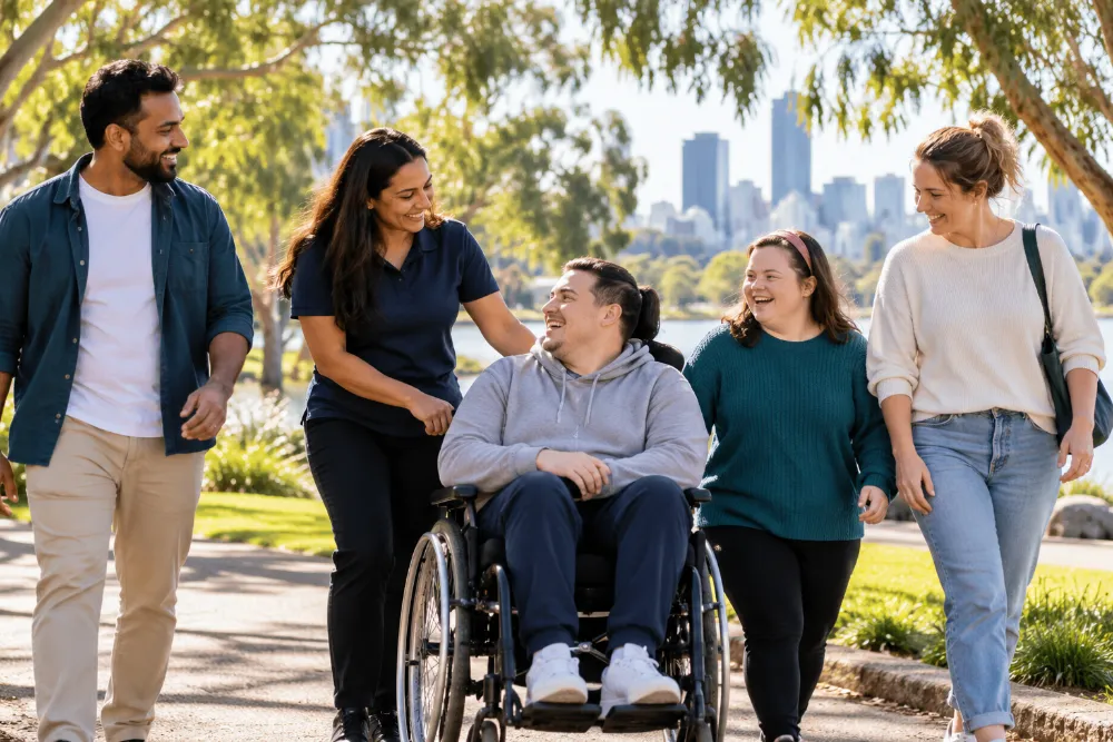 A group of friends and a support worker out together in a park