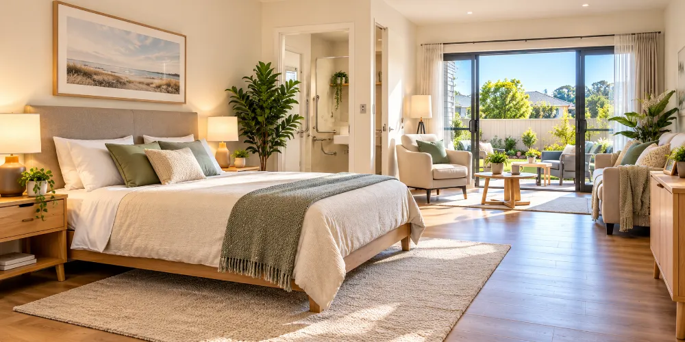 A bright accessible bedroom with an ensuite and garden doors