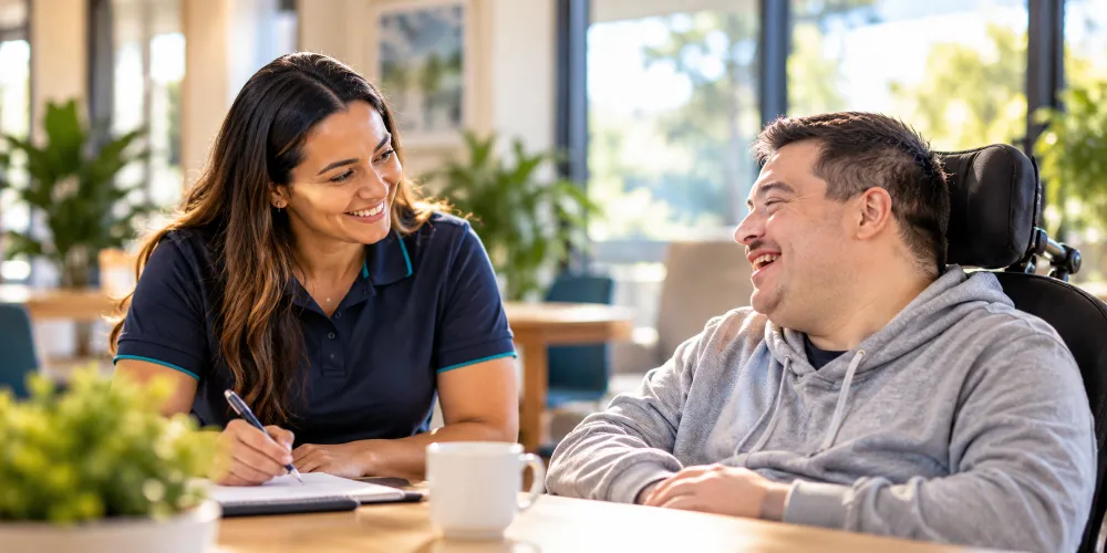 A support worker taking notes with a smiling man at a table