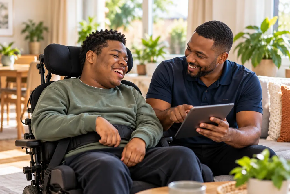 A support worker showing a tablet to a laughing young man in a power wheelchair