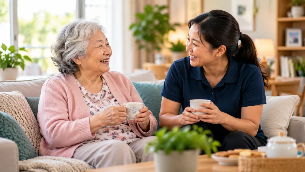 A support worker sharing a cup of tea with an older woman at home