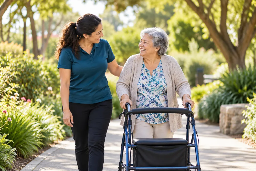 A support worker walking beside an older woman using a walker